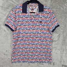 Vtg Y2K Tommy Hilfiger Polo Shirt Mens M Red White Blue All Over Print Spell Out