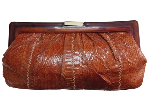 Vintage Margolm Style Snakeskin Tortoise Bakelite Lucite Frame Clutch Purse 10" - Picture 9 of 9