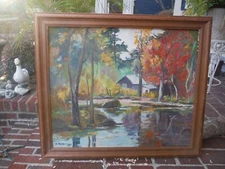 GREAT OIL ON CANVAS BOARD CHURCH/POND FALL  LANDSCAPE SCENE SIGNED/FRAMED