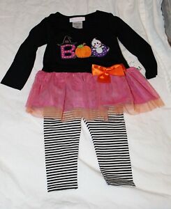 Bonnie Jean Baby Girls Black Cat  Halloween Orange Legging Set 12 18 24 Months