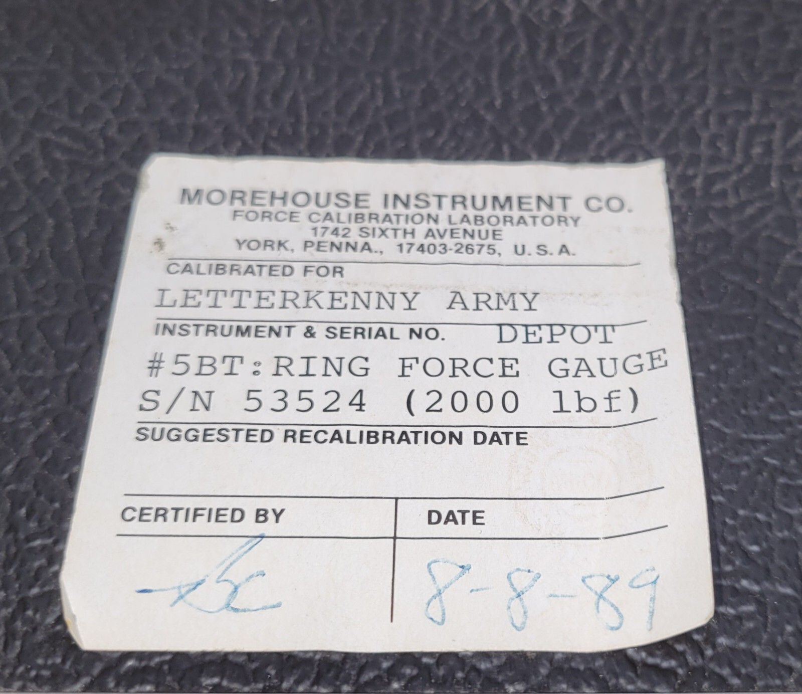 VINTAGE 1989 MOREHOUSE RING FORCE GAUGE For The Letterknny Army Depot