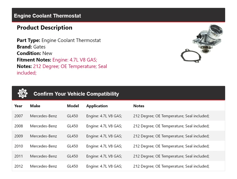 Para Mercedes-Benz GL450 2007-2012 4,7 L V8 Motor Gas Refrigerante Termostato Puertas Foto 2 de 4