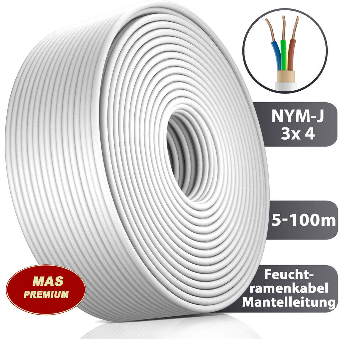 30m NYM-J 3x2,5 Mm² Mantelleitung Feuchtraumkabel – Kupferleitung Made In Germany Für Installation In Putz, Beton & Nassen Räumen