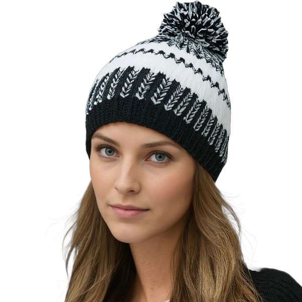 Icepeak MüTze BommelmüTze StrickmüTze WintermüTze Herren Damen Schwarz Weiß-image