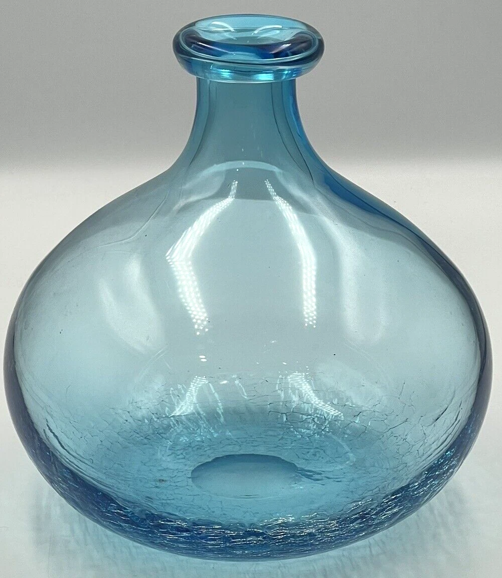 Electric Blue Hand Blown Studio Art Crackle Glass Balloon Vase Bottle Aqua 9"