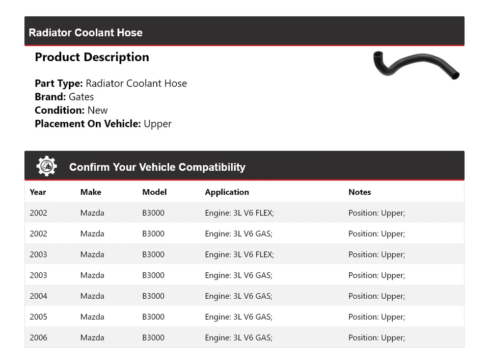 For 2002-2006 Mazda B3000 Radiator Coolant Hose Upper Gates 2003 2004 2005 - Image 2 of 4