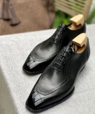 Handmade men black leather dress shoes, formal office leather business shoes