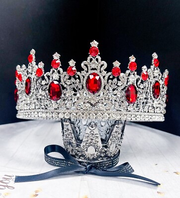 Royal Queen Crown, Red Crystal Crown, Silver Wedding Party Crown, Prom Crown