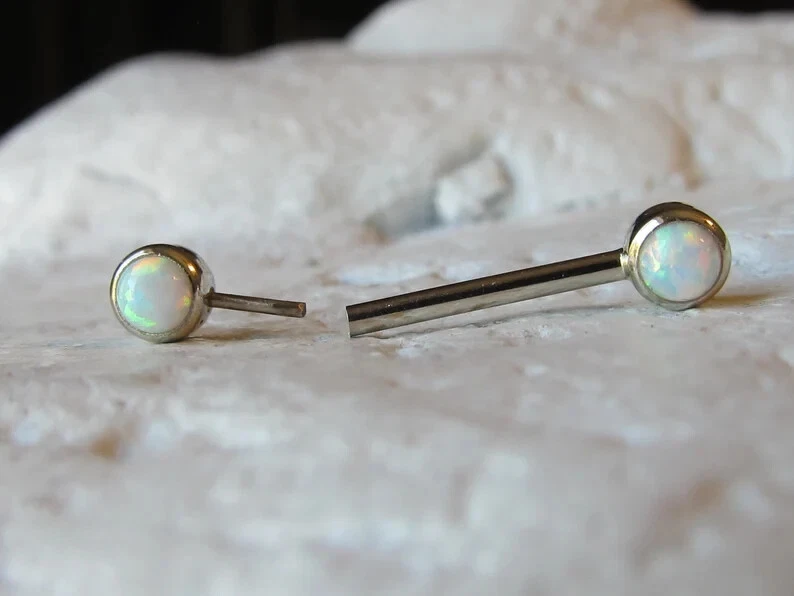 14k White Gold Plated Simulated Opal Nipple Barbell Set - Image 2 of 4