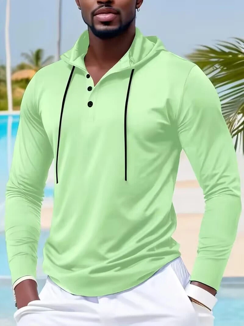 Long Sleeve Solid Color Hooded Sports shirt with Drawstring and Button Green
Opens in a new window o