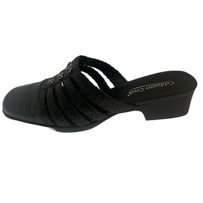 New Coldwater Creek Black Leather Woven Band Mules Crocodile Toe Pattern SZ 8.5