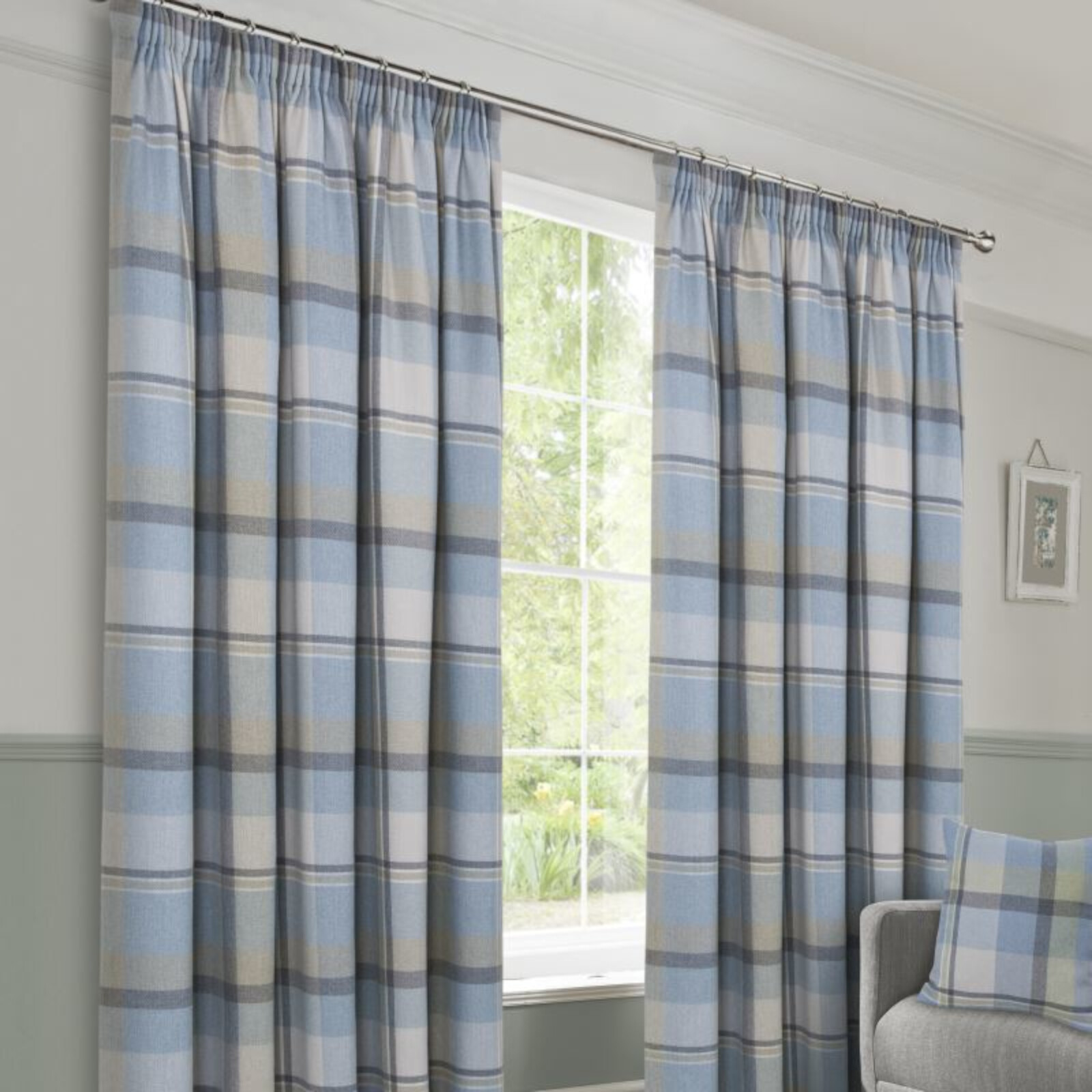 Braemar Duck Egg Tartan Checked Brushed Faux Wool Tape Top Pair Of Curtains Nowa, limitowana wyprzedaż