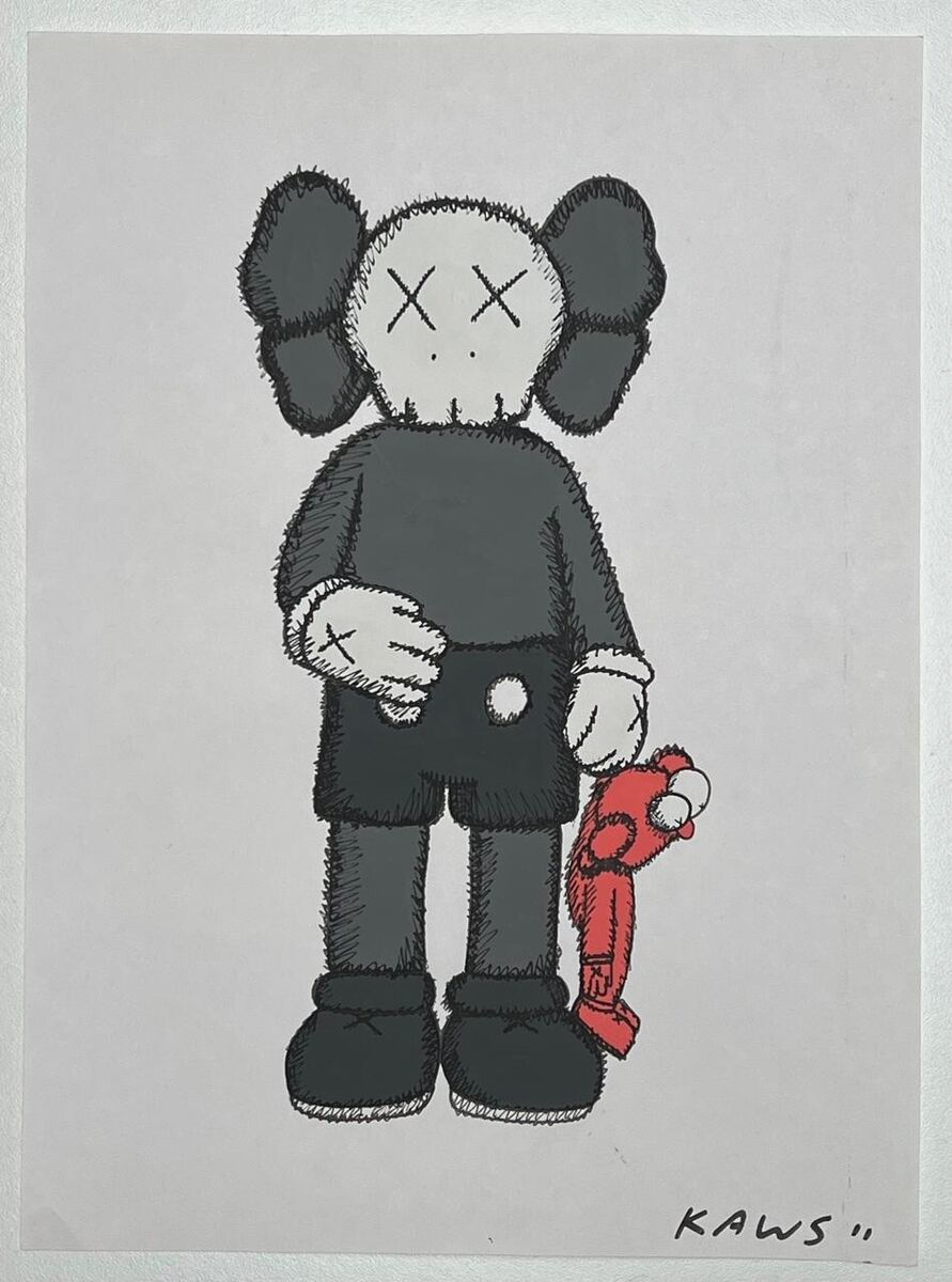 KAWS (Handmade) Drawing On old Paper Signed Mixed Media, Vtg KAWS (Handmade) Drawing On old Paper Signed Mixed Media, Vtg