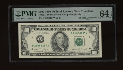 DBR 1990 $100 FRN Cleveland Fr. 2173-D PMG 64 EPQ Serial D21066297A