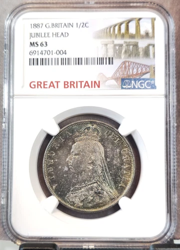 1887 GREAT BRITAIN SILVER 1/2 CROWN QUEEN VICTORIA NGC MS 63 RARE GREAT TONING
