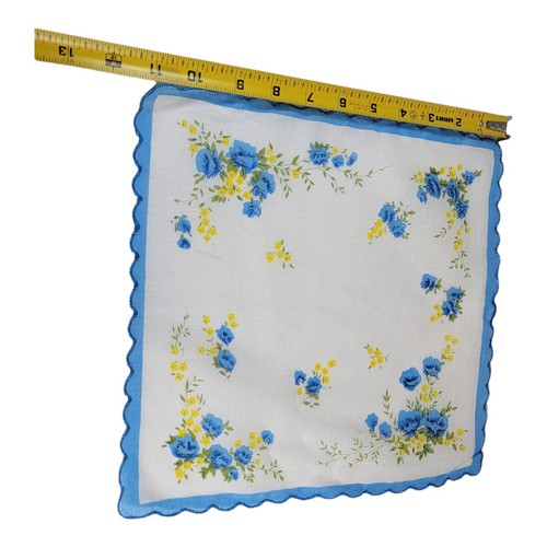 Yellow Blue Trim Boho Vintage Handkerchief Hankie Flowers Scallop Border 12” - Picture 3 of 3