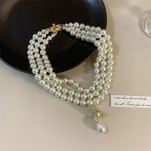 Classic Three Layers Round Pearls Beaded Pendant Collar Choker Necklace Gift - Picture 8 of 10