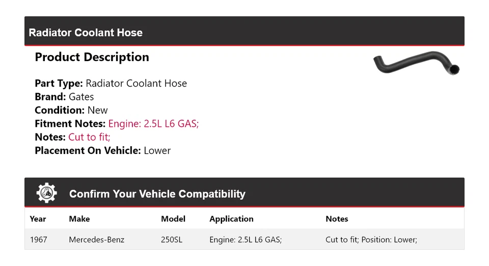 Para 1967 Mercedes-Benz 250SL 2.5L L6 GAS Radiador Manguera Inferior Puertas Inferiores Foto 2 de 4