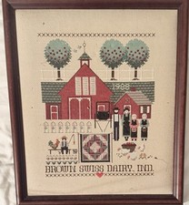 Vtg Needlepoint Amish Family Country Barn BROWN SWISS DAIRY INDIANA Wood Frame