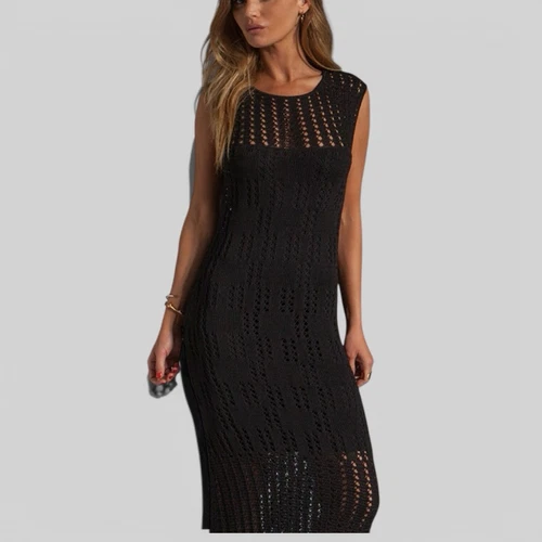 VETEMENTS LNA Abbigliamento Abito Midi Nero Maglia Uncinetto Doppio Foderato Senza Maniche Taglia M