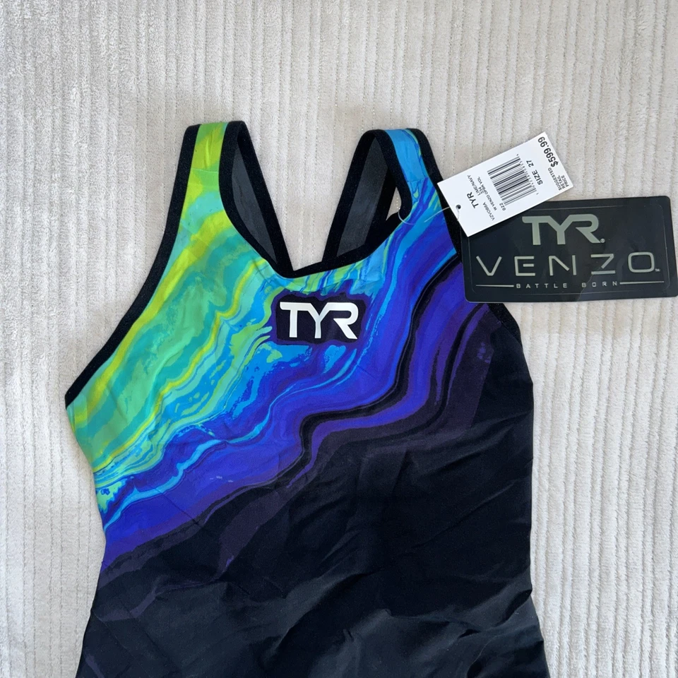 TYR Mujer Venzo Volconyx Espalda Abierta Rodilla - Natación - Lima/Azul Marino - Talla 27 Nuevo* - Imagen 3 de 4