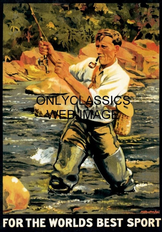 1930's FLY FISHING ADVERTISING TRAVEL GRAPHIC ART POSTER VINTAGE OUTDOOR SPORTS