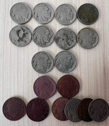 Buffalo and V Nickel Lot 18 Coins most with Good Dates 1911 1920 to 1937