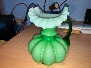 VINTAGE BEAUTIFUL FENTON Green Beaded Melon Ruffled Crimp Edge GLASS Pitcher !!
