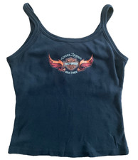 Vintage 2004 Harley Davidson Women Tank Top M Black Winged Logo Powertrain