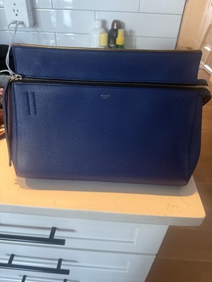 Authentic Celine Cobalt Blue Edge Pebbled Leather Top Handle Bag