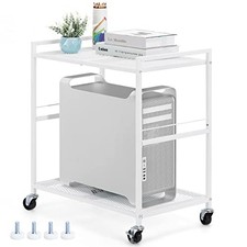 Computer Tower Stand PC Tower Stand 2 Tier CPU Holder with Wheels Metal White