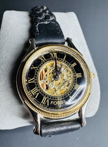 Vintage Fossil SK-5121 Skelettuhr Japan Quarz schwarz gold geflochtenes Band wie abgebildet