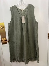 Bellambra Linen Eyelet Back Lace Hem Olive Green A-Line Dress Plus Size 2X