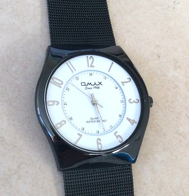 Omax Men's Watch Slim Alloy Case White Dial Black Mesh Bracelet Waterproof New! 
