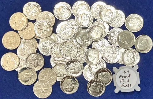 1964 Roosevelt Proof Silver Dimes Full Roll (50 Pieces)