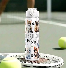 Plastic Water Bottle With Lid Life Is Better With Cats  Print Design White 750ml
