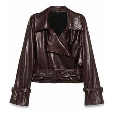Women Lambskin Leather Moto Jacket Oxblood Cropped Belted Drape Front