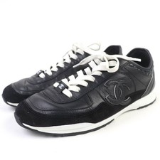 CHANEL Coco Mark Matelassé Lace-up Leather Low-Cut Sneakers Black Size 35 Women