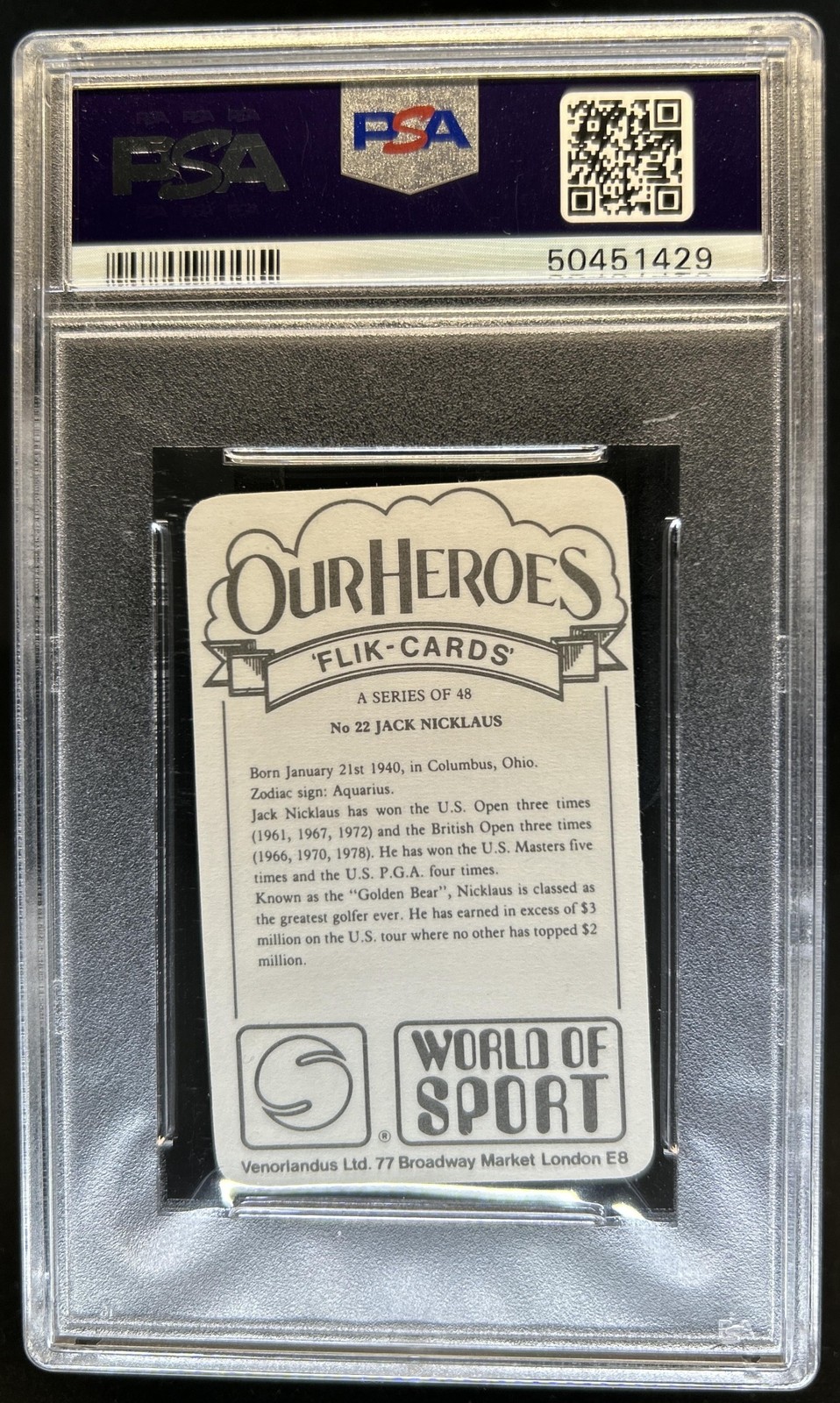 1979 Venorlandus World of Sport Flik-Cards Our Heroes Jack Nicklaus #22 PSA 10 view 2