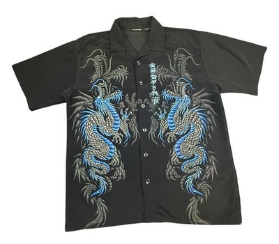 ODO Dragon Button Down Shirt Mens Large Black Blue Embroidered