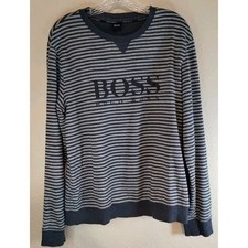 Hugo Boss Mens Pullover Navy Gray Striped Jumper Spellout Sweater Large  