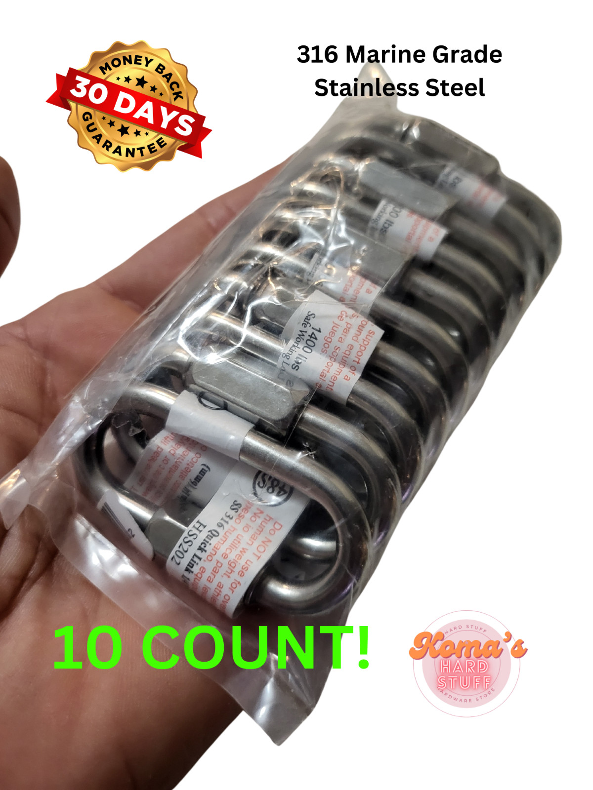 Cadenas de acero inoxidable de 2 5/16"" de enlace rápido (6 mm) 1/4"" 316, senderismo SWL 1400 lbs.