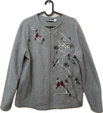 Croft And Barrow Fleece Jacket Grey Christmas Bird Embroidery Full Zip Size M