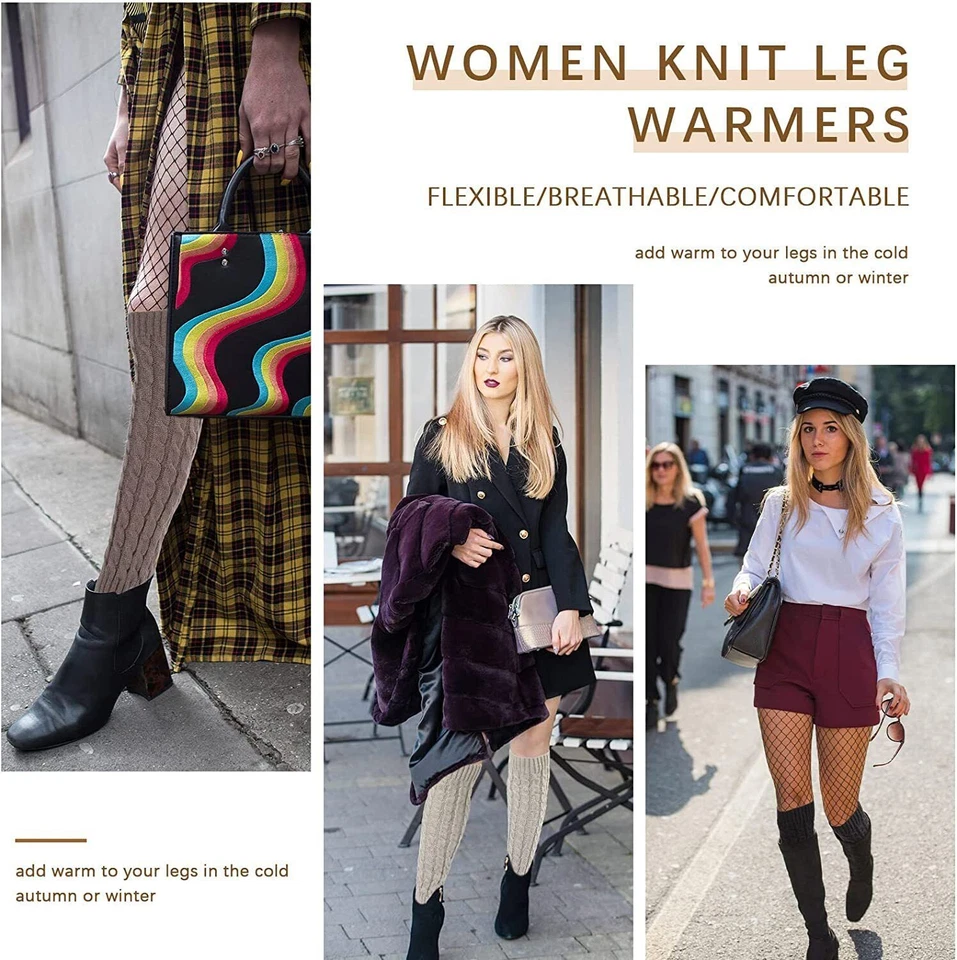 Meia de lã feminina de crochê malha com nervuras aquecedores de perna joelho sólido altura inverno meia longa - Imagem 2 de 4