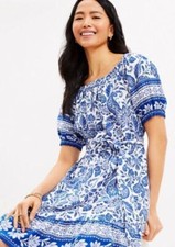 ** LOFT sz M ~ Floral Paisley On/Off Shoulder Cobalt Linen Blend Dress -NWT!