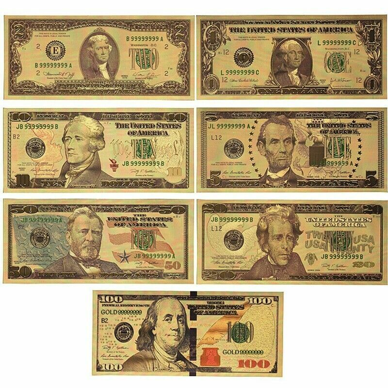 Real Gold Banknote Set USD 1000/100/50/20/10/5/2/1 Notes