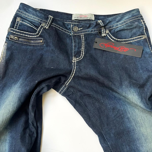 Pantalones de mezclilla Ed Hardy para mujer azules pierna recta bordados estrás alas W 34" - Imagen 12 de 19