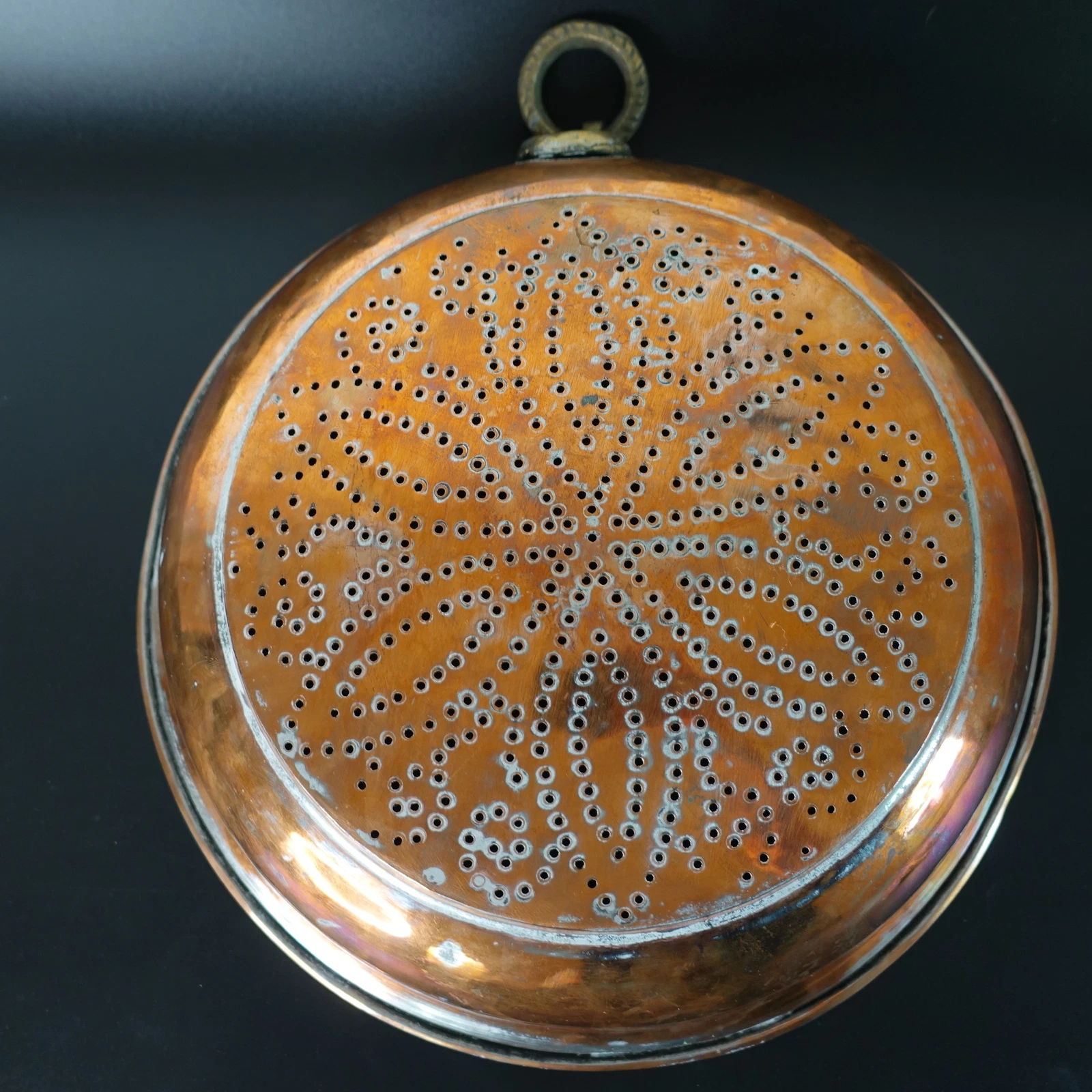 Old Tin Punch Copper Colander True Vintage Antique Wall-Hanging Kitchen Decor