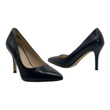NINE WEST Womens 8 Leather FLAX Pointed Toe Stiletto Pumps Classic Heels BLACK