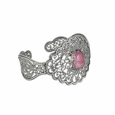 Filigree Art Rhodonite Gemstone Lace Detailed Women Silver Cuff Bracelet